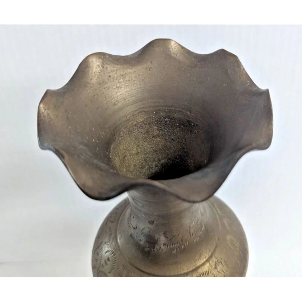 Brass Ruffle Top Bud Vase 11-in Etched Design Vintage 1950s India Bohemian Gift